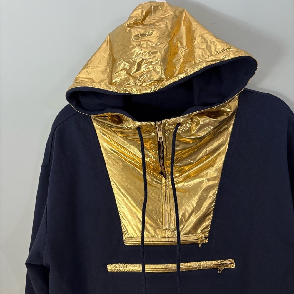J.Crew Gold Foil Hoodie Navy Metallic Pullover Sweatshirt Size Small - Picture 4 of 16